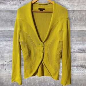 Heather B Chunky Knit Cardigan Women L Petite 3-Button Cotton Bell Sleeve Yellow